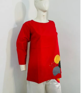 Women’s Solid Red Top with Printed Side Patch – Casual Wear