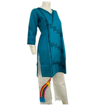 Teal Blue Printed Women’s Kurti – Three Quarter Sleeves Casual Wear