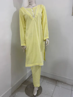 Women’s Kurti & Trouser 2-Piece Stitched Suit – Soft Yellow Plain with Lace