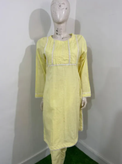 Women’s Light Yellow Embroidered Kurti & Trouser Set – Medium Size