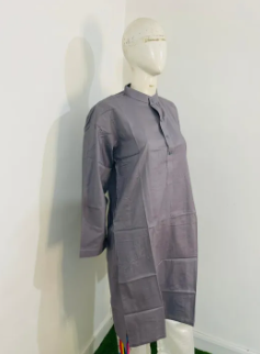 Men’s Grey Plain Knee Length Kurta with Full Sleeves and Button Neck
