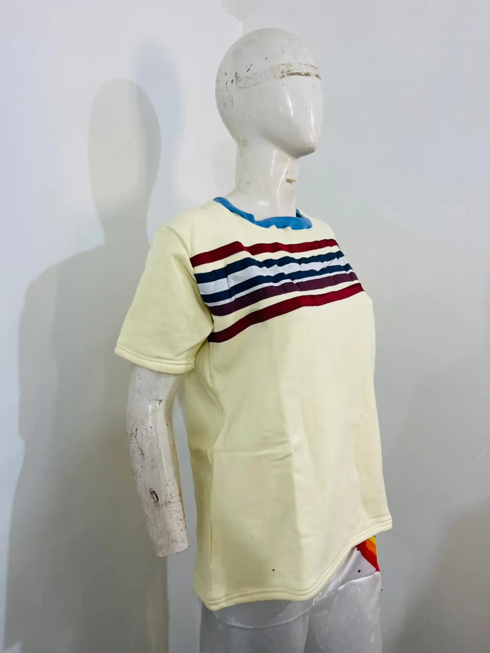 Women’s Casual Striped Short Sleeve Top – Light Yellow with Multicolor Chest Stripes